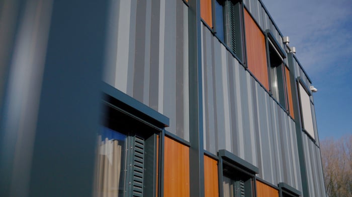 Close up of a grey and brown modular healthcare clinic in the Netherlands