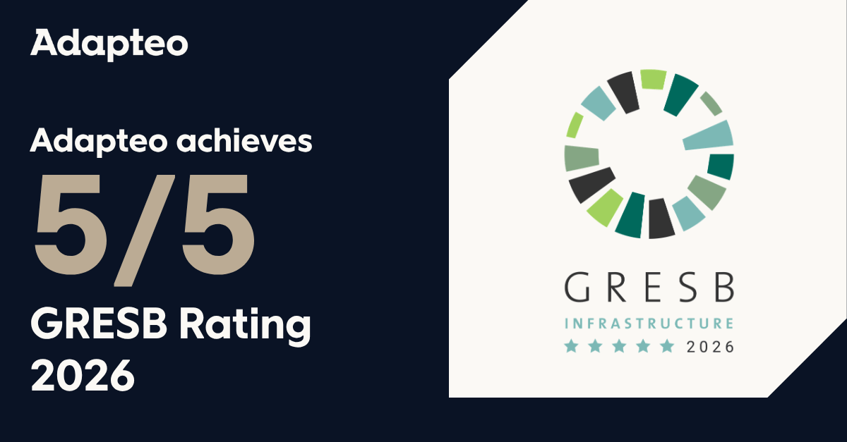 Adapteo graphic announcing a 5 out of 5 GRESB Infrastructure Rating for 2026, with the GRESB logo and five-star rating.