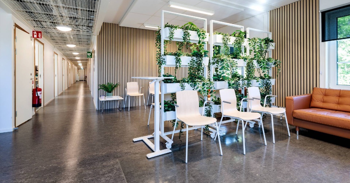 Bright and modern waiting room area of a modular healthcare clinic