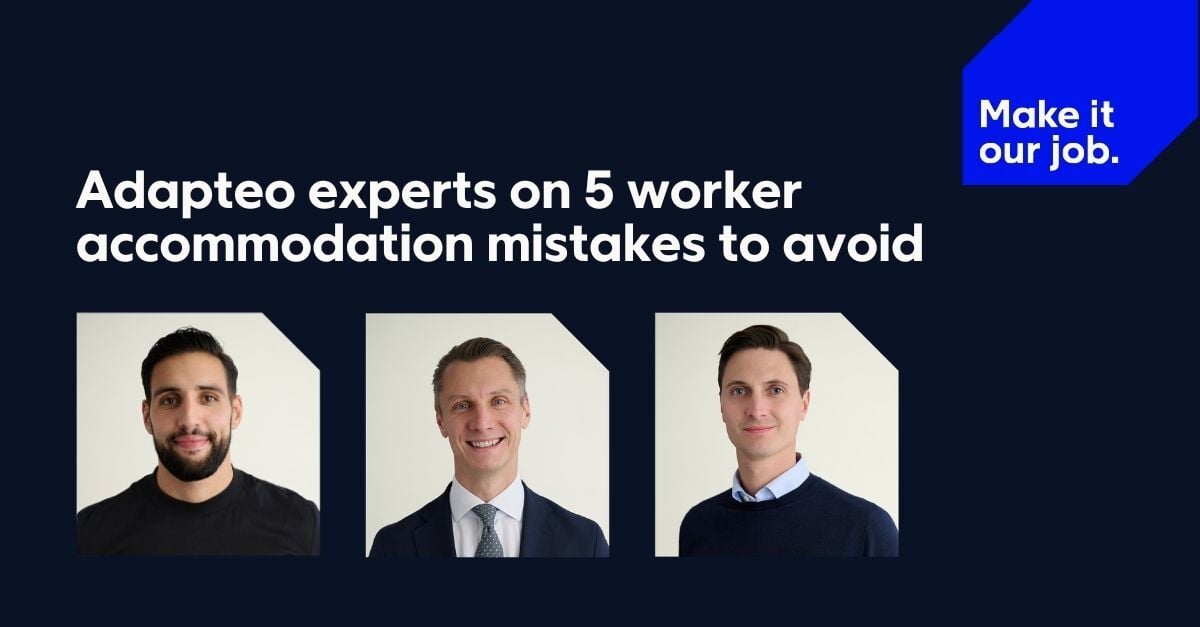 Adapteo-branded graphic for a blog post titled “Adapteo experts on 5 worker accommodation mistakes to avoid,” featuring portraits of three Adapteo experts and the tagline “Make it our job.”